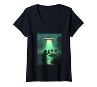 Femme Observation d'OVNI Grenouille - Enlèvement de Vache Extraterrestre T-Shirt avec Col en V