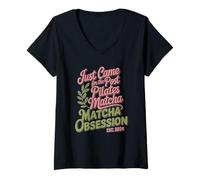 Femme Obsession du Matcha Amusant pour Les Amateurs de thé Vert T-Shirt avec Col en V