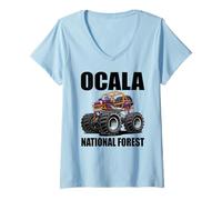 Femme Ocala National Forest Floride 4x4 Offroad Cartoon Design T-Shirt avec Col en V