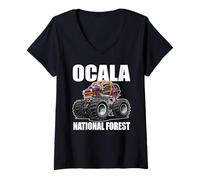 Femme Ocala National Forest Floride 4x4 Offroad Cartoon Design T-Shirt avec Col en V