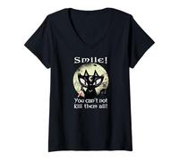 Femme Occult Moon Rose Chat Souriant You Can't Kill Them Witch Gothic T-Shirt avec Col en V