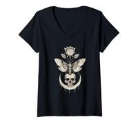 Femme Occult Moon Rose Crâne Occultism Witchcraft Moon Rose Gothique T-Shirt avec Col en V