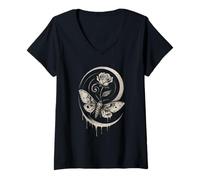 Femme Occult Moon Rose Crâne Occultism Witchcraft Moon Rose Gothique T-Shirt avec Col en V