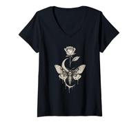 Femme Occult Moon Rose Crâne Occultism Witchcraft Moon Rose Gothique T-Shirt avec Col en V