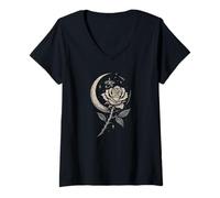 Femme Occult Rose Moon Mystic Occultism Witchcraft Moon Rose Gothique T-Shirt avec Col en V