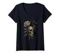 Femme Occult Rose Raven Skull Occultism Witchcraft Moon Rose Gothique T-Shirt avec Col en V