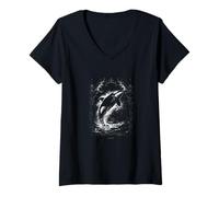 Femme Océan Mystique Orque et éclaboussures de Baleines T-Shirt avec Col en V
