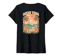 Femme Ocean Vibes Retro Beach Wave Hibiscus Fleur Coucher de Soleil Côtier T-Shirt avec Col en V