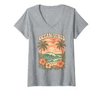 Femme Ocean Vibes Retro Beach Wave Hibiscus Fleur Coucher de Soleil Côtier T-Shirt avec Col en V