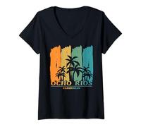 Femme Ocho Rios Jamaïque Caraïbes Palmiers dans Le Vent Souvenir T-Shirt avec Col en V
