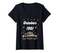 Femme Octobre 1961 Reine Depuis Octobre 1961 Anniversaire Fille Femme T-Shirt avec Col en V