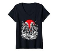 Femme Octopus Guerriers du Soleil Rouge T-Shirt avec Col en V