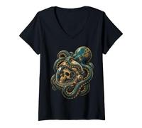 Femme Octopus Skulls Astronaute Deep Sea Space Halloween Kraken T-Shirt avec Col en V