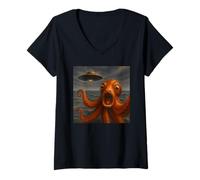 Femme Octopus UFO Selfie with Invasion Alien Animal Graphic Humor T-Shirt avec Col en V