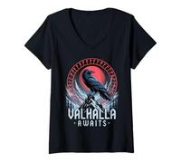 Femme Odin Ravens Huginn & Muninn Vegvísir Vikings Mythe T-Shirt avec Col en V