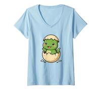 Femme Oeuf de Dinosaure Mignon Kawaii Surprise Dessin animé T-Shirt avec Col en V