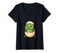 Femme Oeuf de Dinosaure Mignon Kawaii Surprise Dessin animé T-Shirt avec Col en V