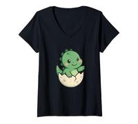 Femme Oeuf de Dinosaure Mignon Kawaii Surprise Dessin animé T-Shirt avec Col en V