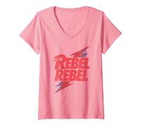 Femme Officielle David Bowie Music Rock Distressed Rebel Rebel T-Shirt avec Col en V, Rose, L