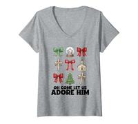 Femme Oh Come Let Us Adore Him Crèche de Noël chrétienne T-Shirt avec Col en V