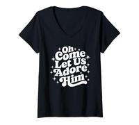 Femme Oh Come Let Us Adore Him, Vacances de Noël rétro T-Shirt avec Col en V