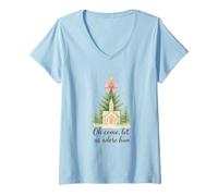 Femme Oh Come, Let Us Adore Him, Watercolor Church Christmas T-Shirt avec Col en V