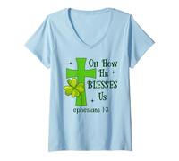 Femme Oh How He Blesses Us Ephesians 1:3 Christian St Patricks T-Shirt avec Col en V