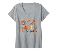 Femme Oh My Gourd I Love Fall Thanksgiving Citrouille Automne-Automne T-Shirt avec Col en V