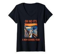 Femme Oh No It's A New School Year Cat With Surprised Face Humour T-Shirt avec Col en V