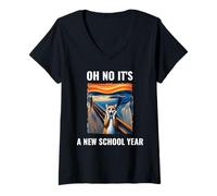 Femme Oh No It's A New School Year Cat With Surprised Face Humour T-Shirt avec Col en V
