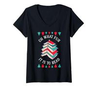 Femme Oh What Fun It is to Read Livre Lumières Arbre de Noël Vêtements T-Shirt avec Col en V