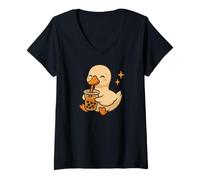 Femme Oie avec du Thé À Bulles Oie Kawaii T-Shirt avec Col en V