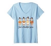 Femme Oie de Thanksgiving drôle Mignon Automne Heureux pèlerin oies T-Shirt avec Col en V