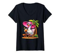 Femme Oie d'été sur Une Chaise de Plage Buvant des Vacances à la Noix de Coco T-Shirt avec Col en V