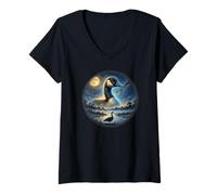 Femme Oie regardant la Lune Nuit Art T-Shirt avec Col en V