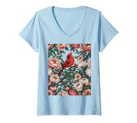 Femme Oiseau Cardinal et pivoines de Couleur Rouge T-Shirt avec Col en V