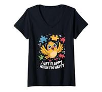 Femme Oiseau de Sensibilisation à l'Autisme avec Inscription « I Get Flappy When I'm Happy » T-Shirt avec Col en V