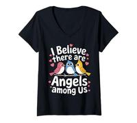 Femme Oiseau Je Crois qu'il y a des Anges Parmi Nous T-Shirt avec Col en V