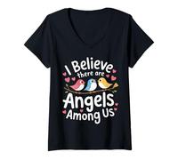 Femme Oiseau Je Crois qu'il y a des Anges Parmi Nous T-Shirt avec Col en V
