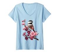Femme Oiseau mésange Fleur Sakura Floral T-Shirt avec Col en V