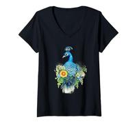 Femme Oiseau Paon majestueux avec Aquarelle Florale vibrante T-Shirt avec Col en V