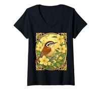 Femme Oiseau Thryothorus entouré de Fleurs de Jasmin Jaune T-Shirt avec Col en V
