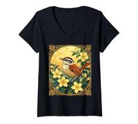 Femme Oiseau Thryothorus Parmi Les Fleurs de Jasmin Jaune T-Shirt avec Col en V