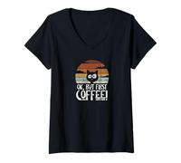 Femme Ok But First Coffee Chat Noir café rétro T-Shirt avec Col en V