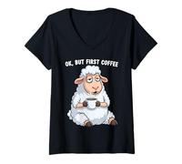 Femme OK But First Coffee Lover Tired Sheep Cafeine Addict Farmer T-Shirt avec Col en V