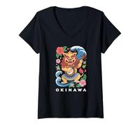 Femme Okinawa Shisa Guardian Lion Japon Souvenir Folk T-Shirt avec Col en V