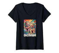 Femme Okinawa Shisa Lions Japon Kanji Anime Otaku Souvenir T-Shirt avec Col en V