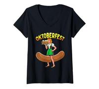 Femme Oktoberfest Drôle Bartwurst Barmaid Allemande Dirndl Bière T-Shirt avec Col en V