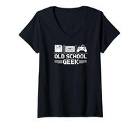 Femme Old School Geek Pixel Art Disquette Cassette Manette Gamer T-Shirt avec Col en V