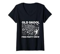 Femme Old Skool Free Party Crew Rave Clothing Retro 90s Techno T-Shirt avec Col en V